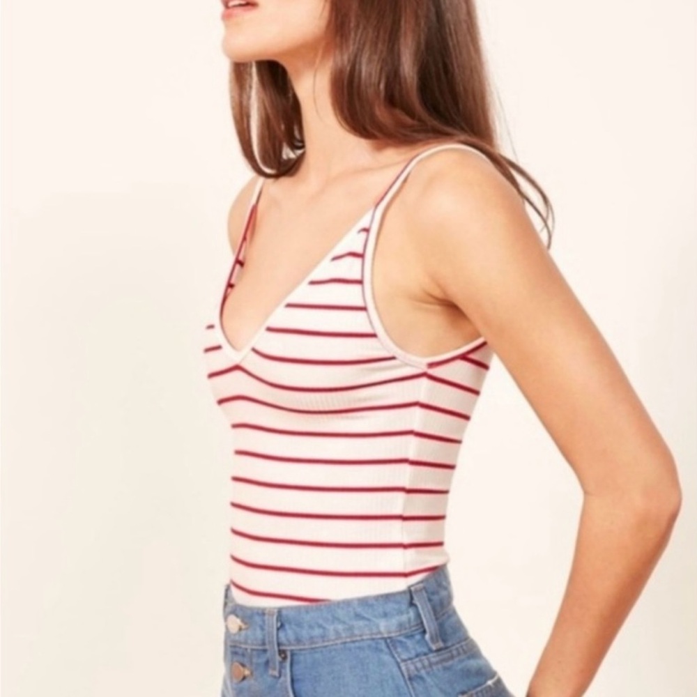 Reformation Striped Riley Ribbed Tank Top V Neck Women's Red White Size Small